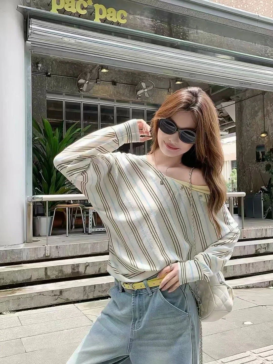 Korean Style Striped Long Sleeve T-Shirt Women's Early Autumn Design Slim Fit Short Waist Show Thin Shoulder Bared Top
