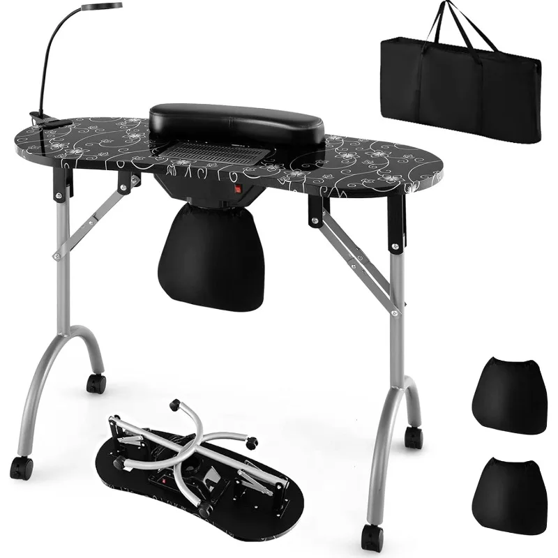 Nail Table for Nail Tech, Portable Manicure Table with Electric Dust Collector, USB-plug LED Lamp, Wrist Rest,