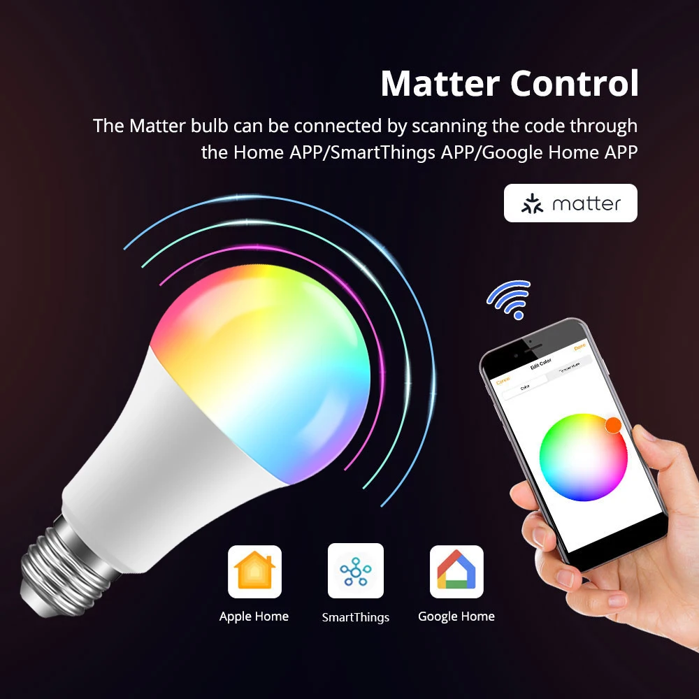 Matter WiFi Smart Bulb Dimmable Led Light 16 Million RGB Colors E27 Base light Voice Control Siri Alexa Google Home Smartthings