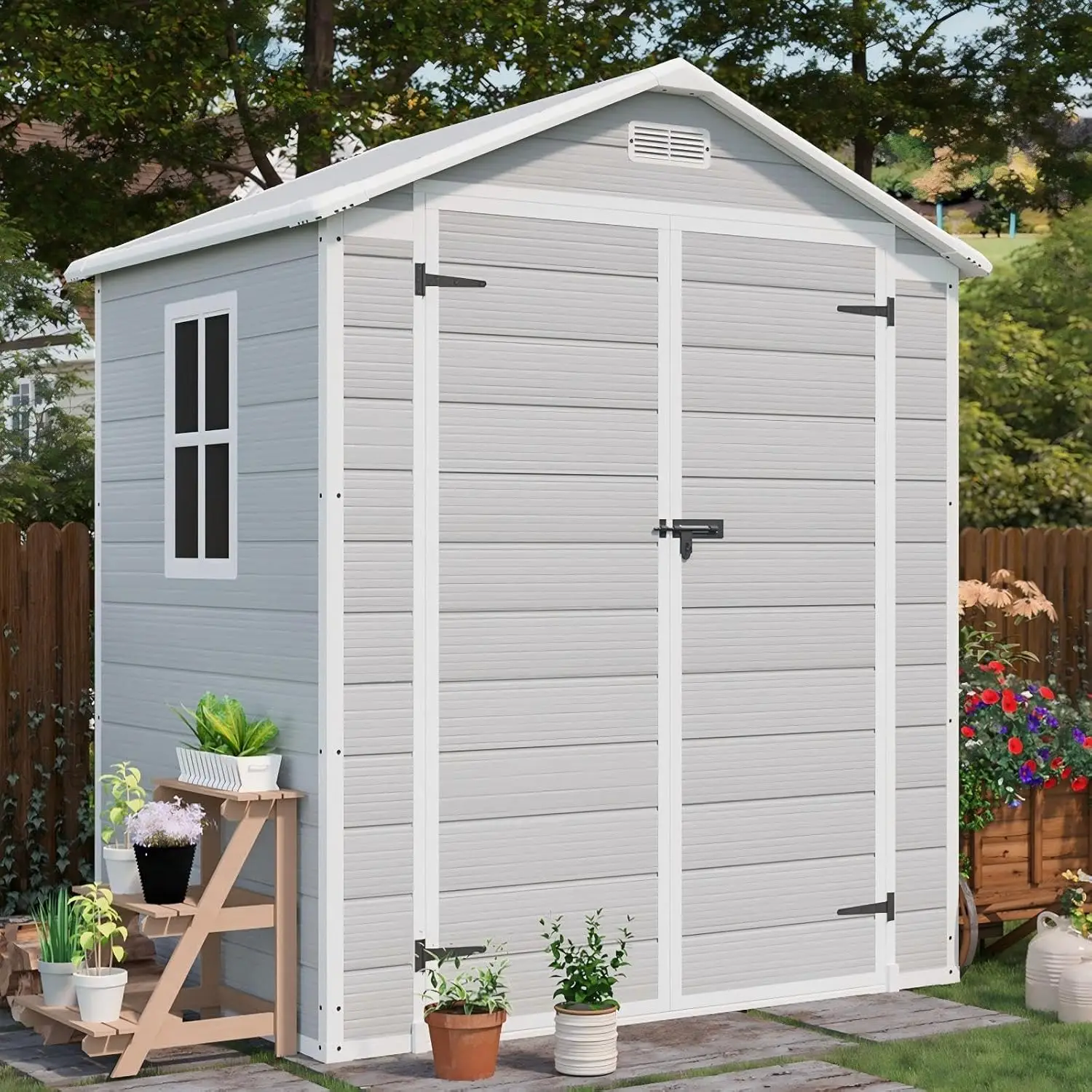 6 x 4 FT Resin Outdoor Storage Shed with Floor, Plastic Outside Sheds with Window, Garden Tool Shed with Lockable Door, Custom
