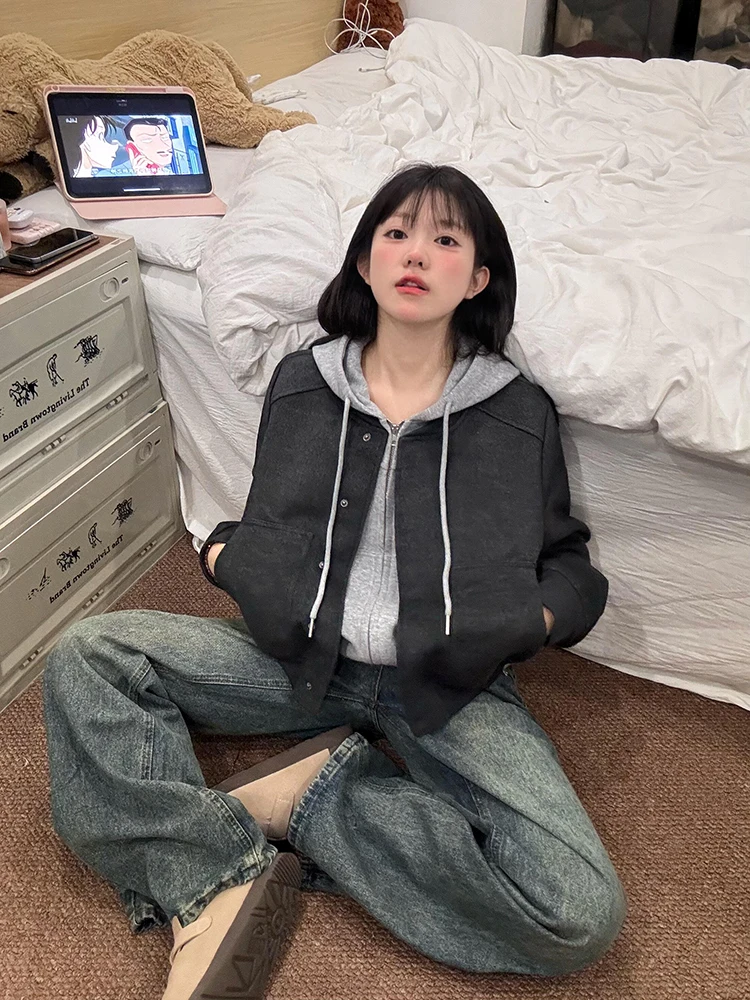 

Retro ey ort Double-Sided Woolen Jaet Women's Spring Autumn 2024 New Sle Preppy Sle Baseball orm Casual Jaet