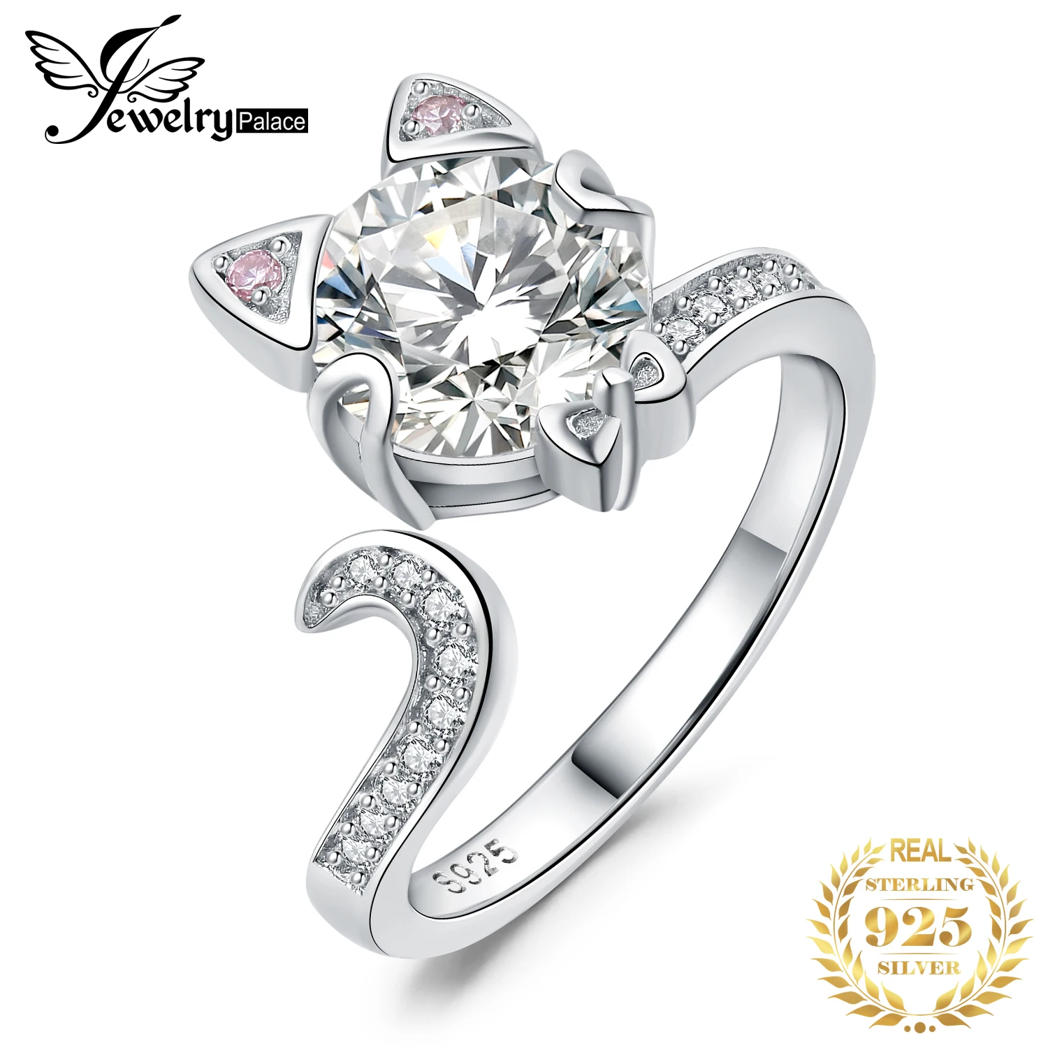 JewelryPalace New Arrival Love Cat 3ct Round Gemstone 925 Sterling Silver Open Adjustable Ring for Woman Girl Fashion Cute Ring