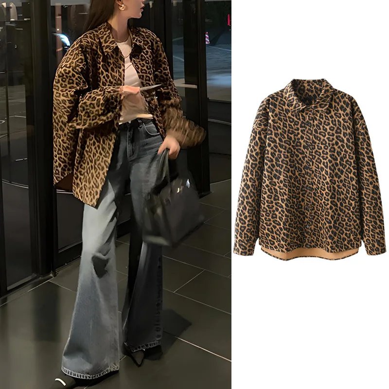 

American Vintage Leopard Polo Neck Shirt Women Jacket Women's Autumn Lazy Wind Loose Long Shirt Jacket