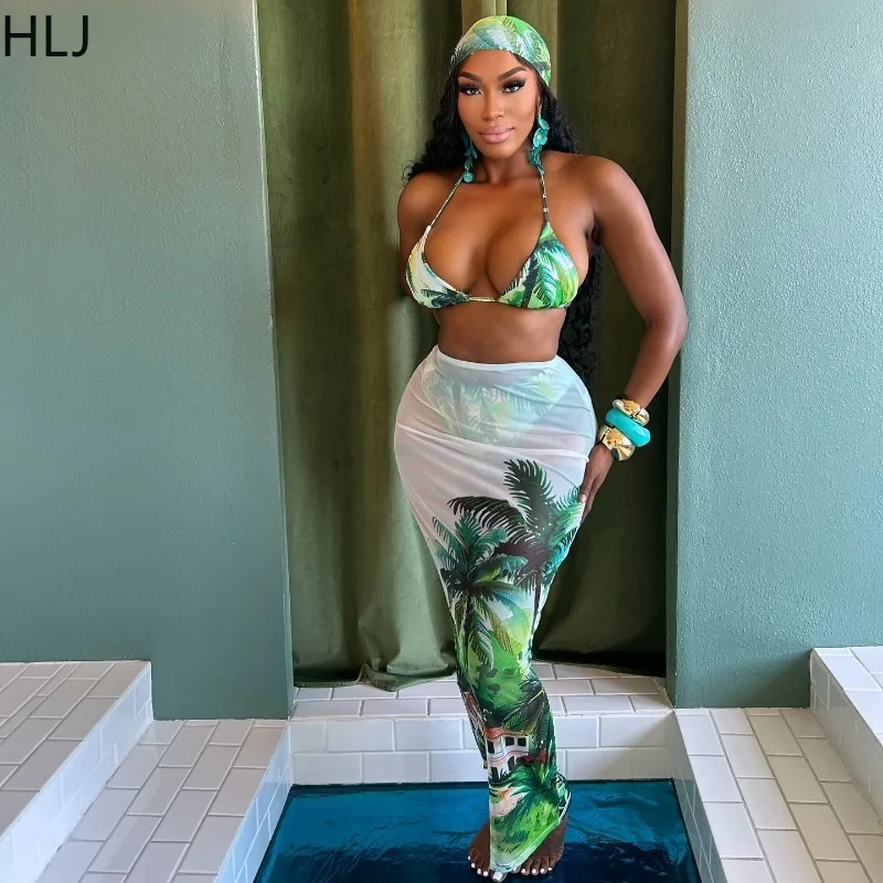 HLJ Summer Sexy Colorful Print 3 Piece Bikinis Set Spaghetti Strap Crop Top + Underpants + Maxi Skirts Suit Excluding Headscarf