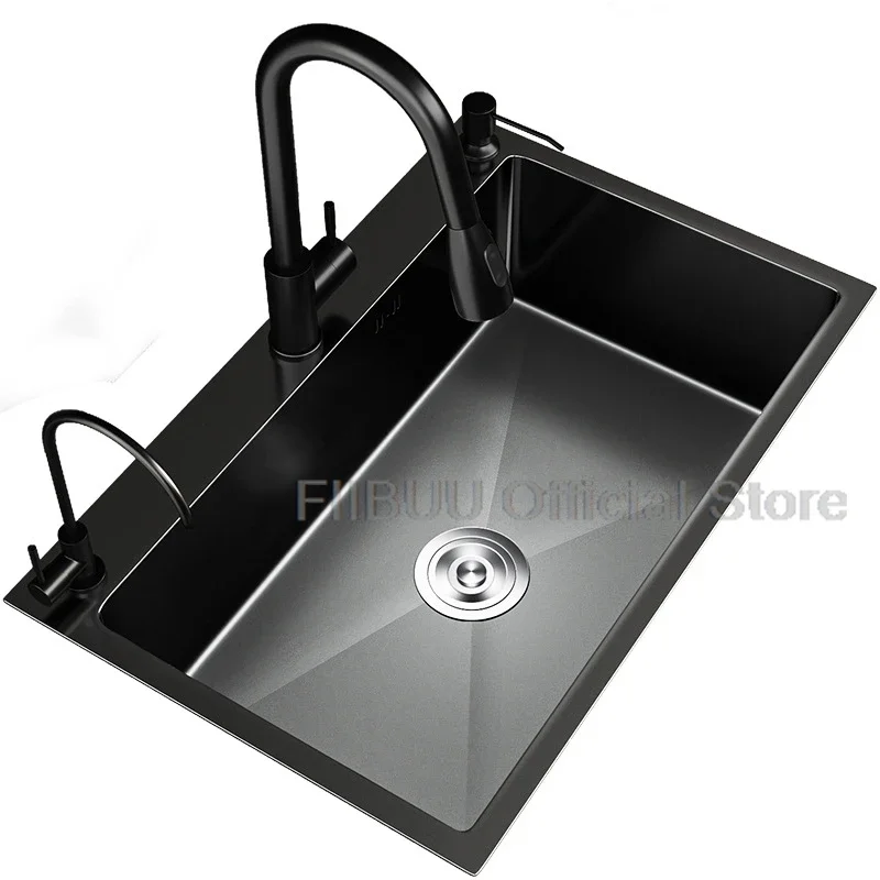 Black Stainless Steel Kitchen Sink Large Capacity Single Bowl Thickened Handmade Multifunctional Basin With Multiple Accessories