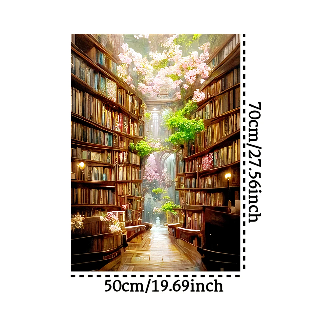 Un grande puzzle da 1000 pezzi con una libreria fantasy e un design di fiori di ciliegio, perfetto per adulti e famiglie da goderti