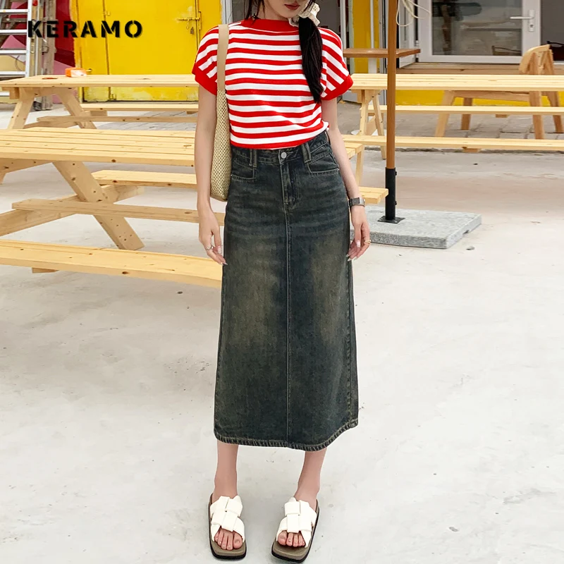 2024 Summer Women Vintage Baggy Washed Street Denim Skirt Female Grunge 2000S High Waist Y2K Casual Style Lady Retro Skirt