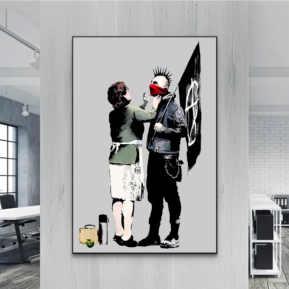 Banksy Graffiti Street Art Canvas Painting Poster Prints,Anarchist Punk and His Mother,Wall Art Pictures for Living Room Decor