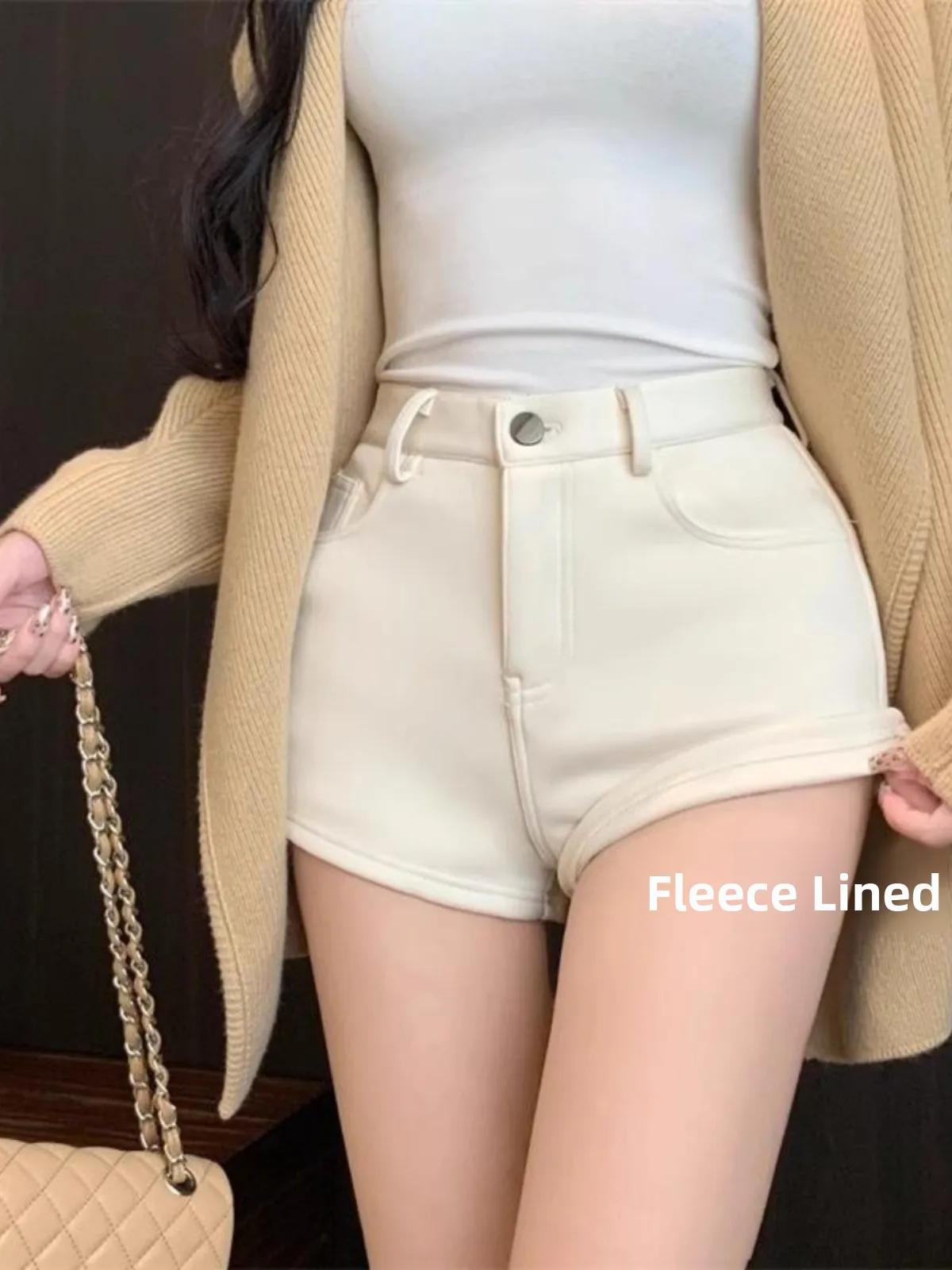 High Waist Fleece Lined Straight Leg Short Pants Women's Commuter Style A-Line Wrap Hip Hot Pants Autumn Winter New Arrival
