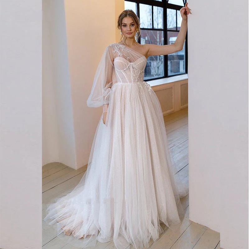 New Arrival Beach Wedding Dresses A Line One Shoulder Lace Wedding Gowns Woman Vestidos De Novia Corset Boho Bride Dresses