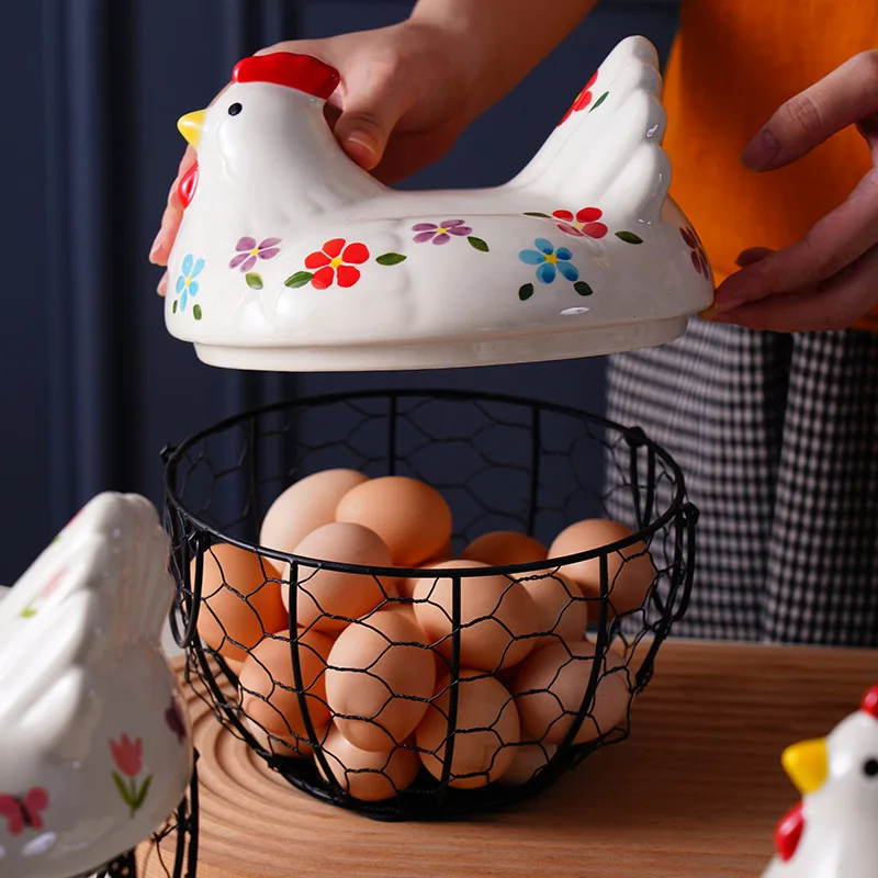 Chicken Egg Holder, Fresh Egg Storage Basket Countertop,Decorative Ceramic Lid with Wire Basket,Holds 2 Dozen Egg