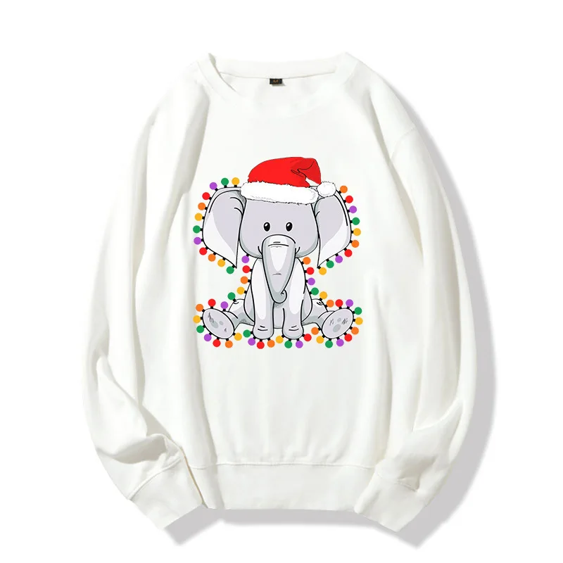 Christmas Autumn Winter Cute Christmas Elephant Wearing Christmas Hat Printed Pattern Crew-neck Hoodie Streetwear  Sweatshirts