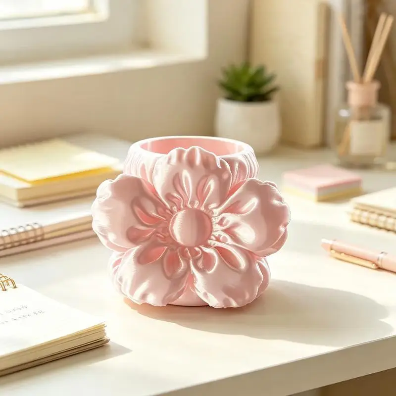 3D Printed Silk Flower Shaped Makeup Brush Holder Large Capacity For Vanity Makeup Storage For Women And Girls