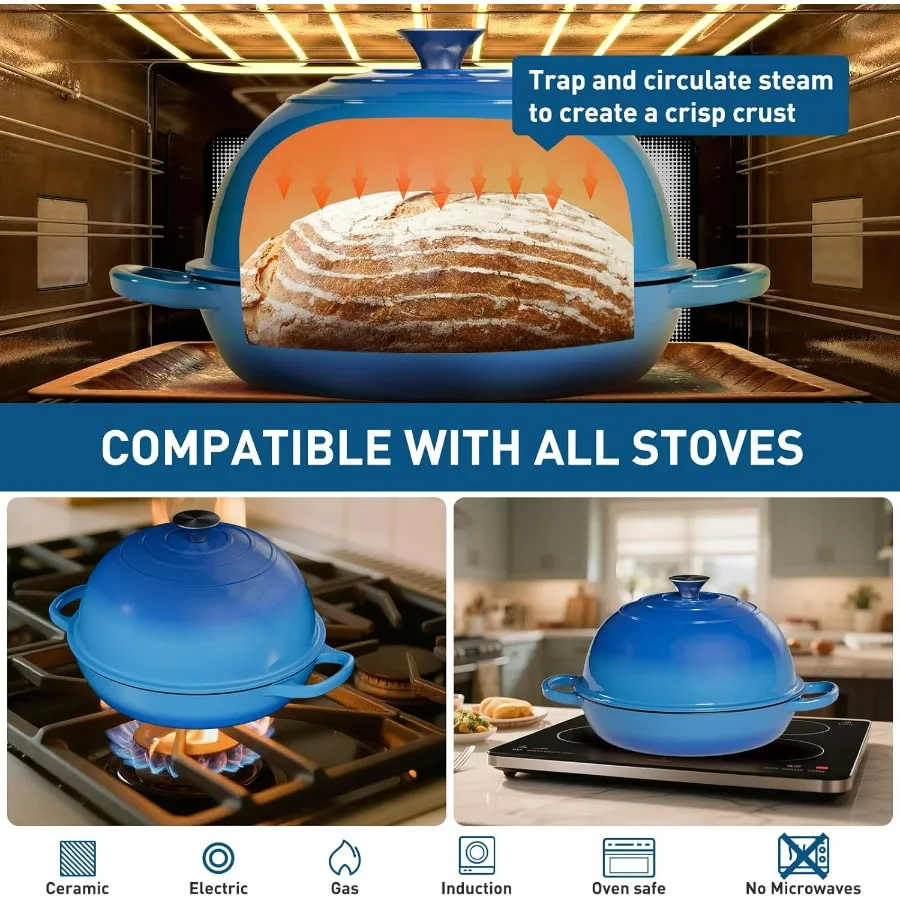 Cast Iron Bread Oven for Baking, 6QT Multi-Functional Dutch Oven Pot with Lid, Include Proofing Basket, Silicone Sling & Dough W