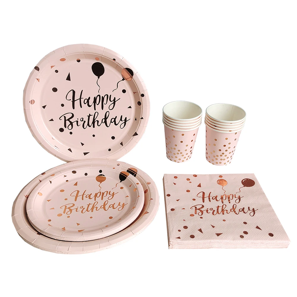 Birthday Pink Gold Dot Balloon Disposable Tableware Set Paper Plates Cups Napkins Tablecloth for Kids Party Decor Baby Shower