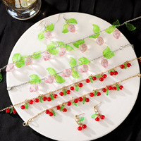 Aesthetic Summer 3pcs Cherry Necklace Set Sweet Simulated Fruit Acrylic Strawberry with Leaf  for Women 2024 Trendy Jewelry Sets