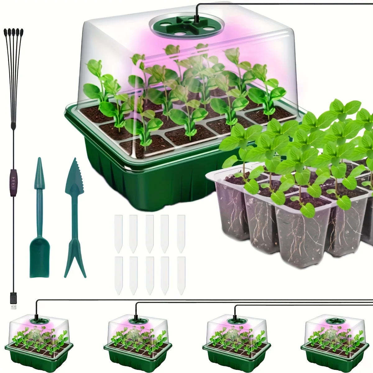 

Seed Starter Tray with Full Spectrum Grow Light, Seed Starting Kit with Timer Humidity Dome Heightened Lids, Indoor Greenhouse