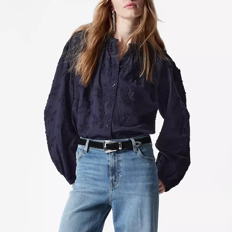 

New Women's French Style Blouse Long Sleeve Embroidered Shirt Casual Open Front Cardigan Top