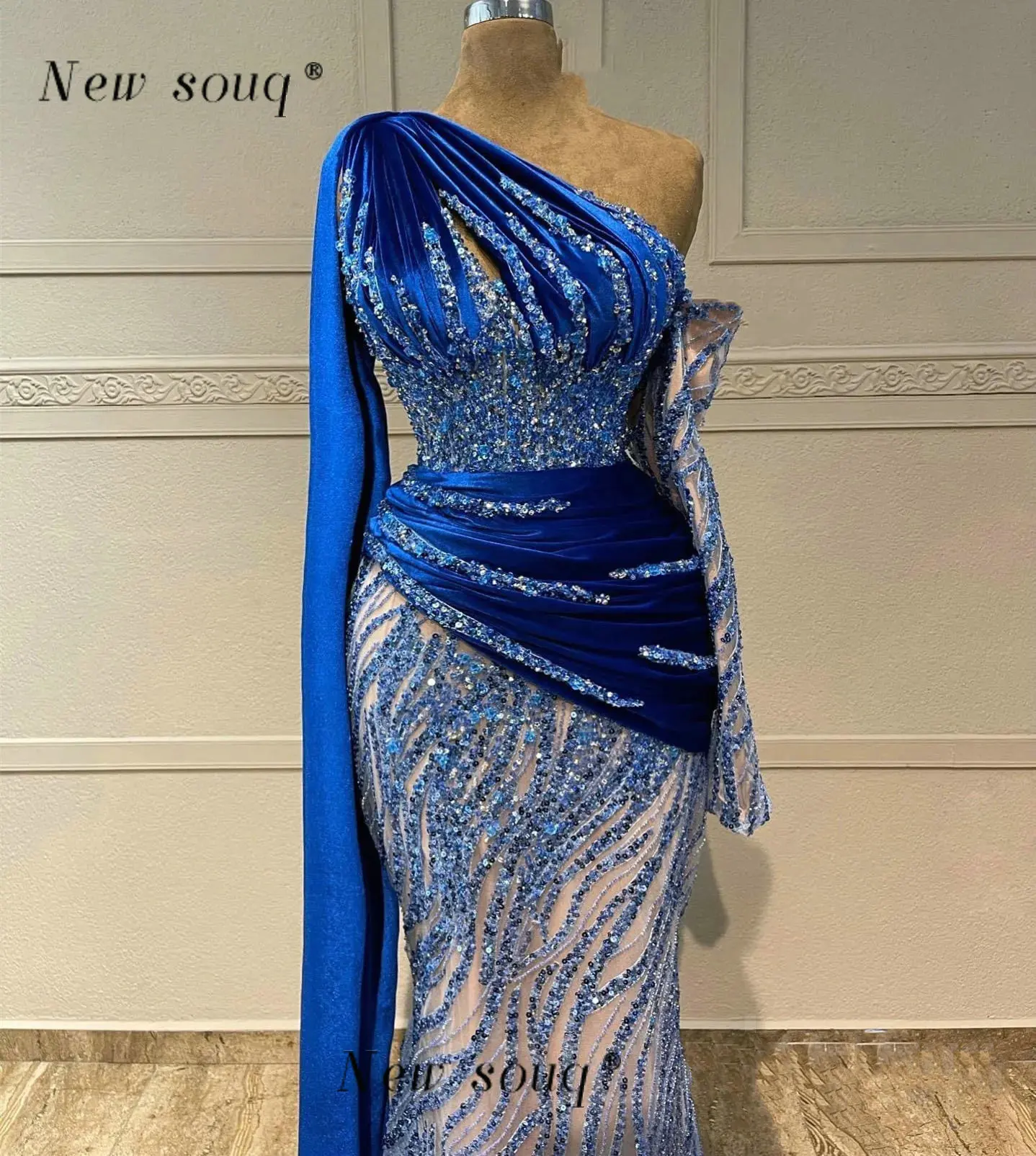 Vestidos de Noche de sirena de un hombro azul real, vestidos formales con lentejuelas para mujer, segunda recepción, cumpleaños, compromiso, eventos, fiesta