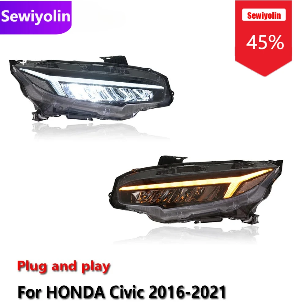 

Автомобильные светодиодные фары DRL в сборе для HONDA Civic 2016-2021, противотуманные фары DRL, стоп-сигнал поворота, лампа Plug and Play