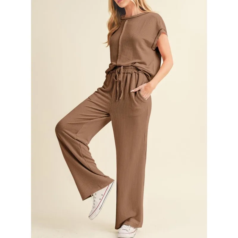 

Casual Sport Trousers Women Suit 2025 Summer Short Sleeve T-shirt And High Waist Lace-up Long Pants 2 Piece Sets Solid Outfits