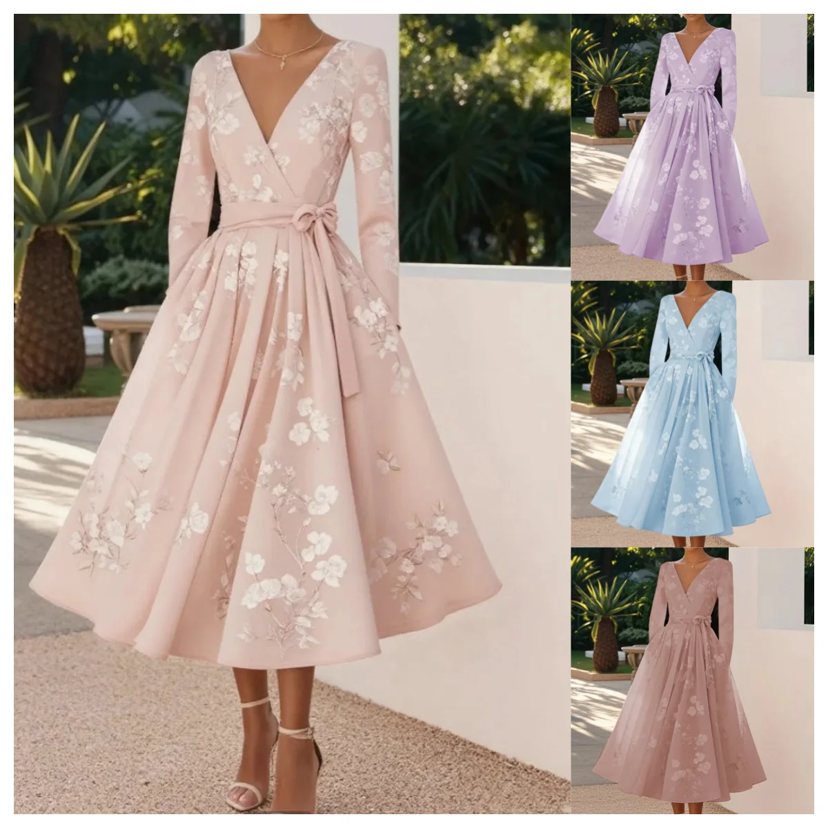 Damesjurk met print en vlinderdas Elegante banketjurk 2025, nieuwe luxe gastfeestavondjurk Chique sjerp Midi Maxi