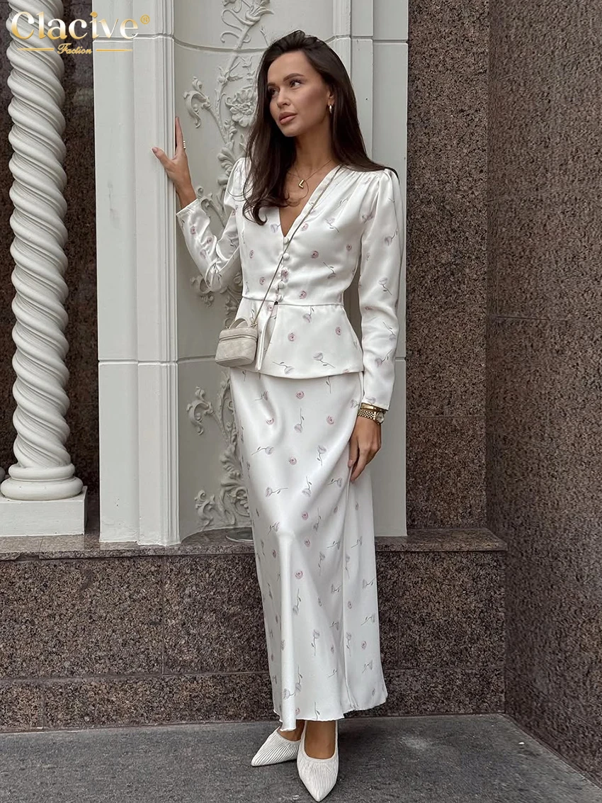 Clacive Fashion Slim Print Women's Two Pieces Set 2026 Elegant Long Sleeve Shirt With High Waist Long Skirt Set Female Clothing