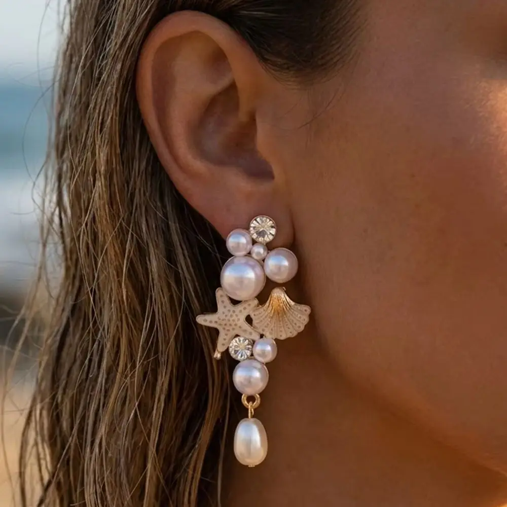 Brincos Pendentes de Concha Estrela-do-mar Boêmios para Mulheres, Brincos de Luxo com Imitação de Pérola e Strass, Joia para Festa na Praia, Presente