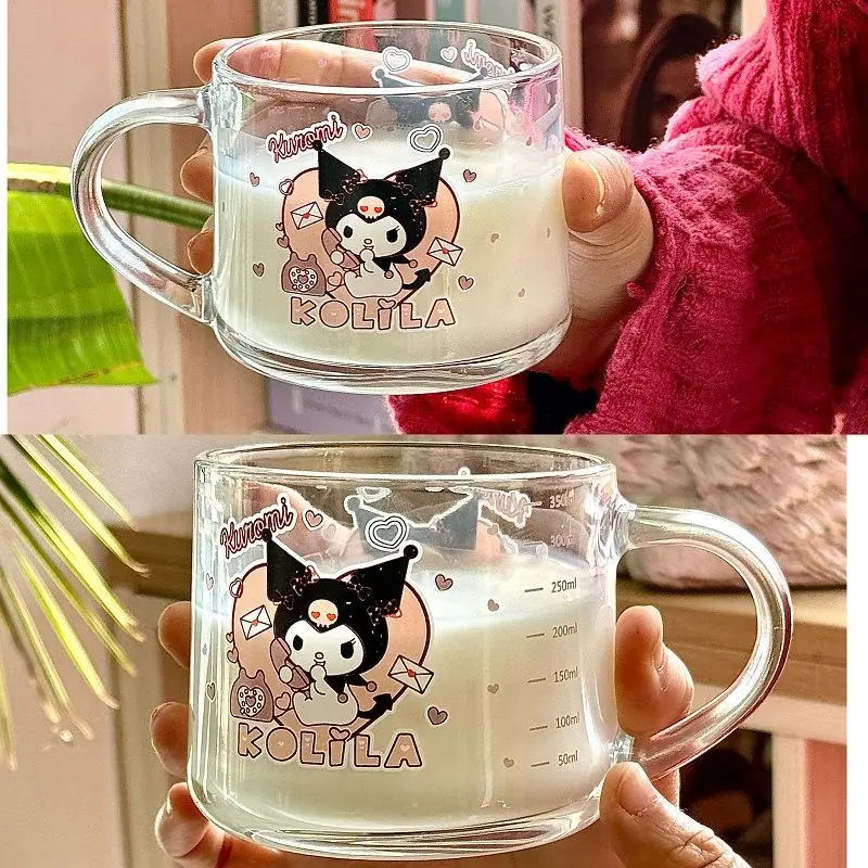 

New kuromi My melody Cinnamoroll anime printed breakfast cup with scale glass water cup home milk mug gift kawaii wholesale