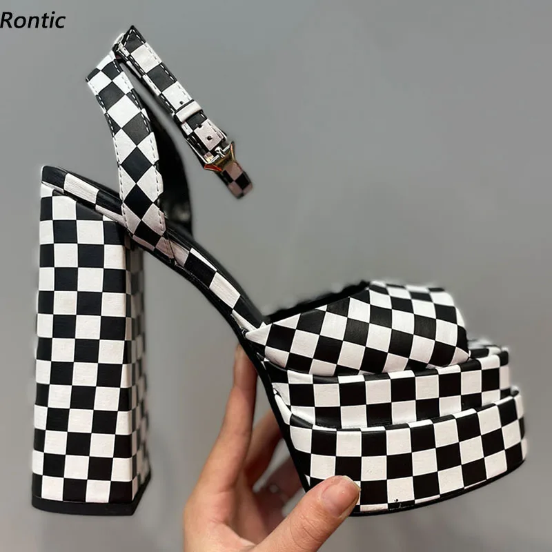 

Rontic Fashion Women Platform Sandals Mosaic Pattern Ankle Strap Chunky Heels Peep Toe Elegant Black Dress Shoes US Size 4-10.5