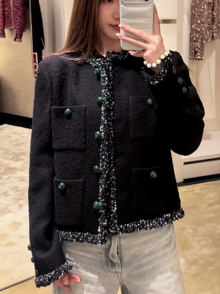 2026 High-end Light Luxury Style Black Coarse Tweed Jacket for Women with Round Neck and Socialite Temperament Slim Fit Jacket