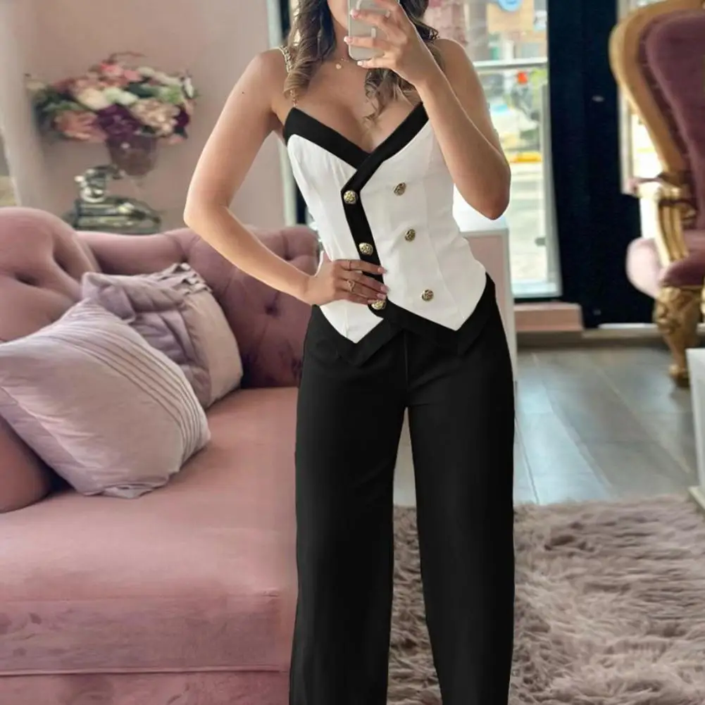 Women Slim Fit Suit Chic Women's Top High Waist Pants Set with Chain Shoulder Strap V-neck Backless Design Elegant Office