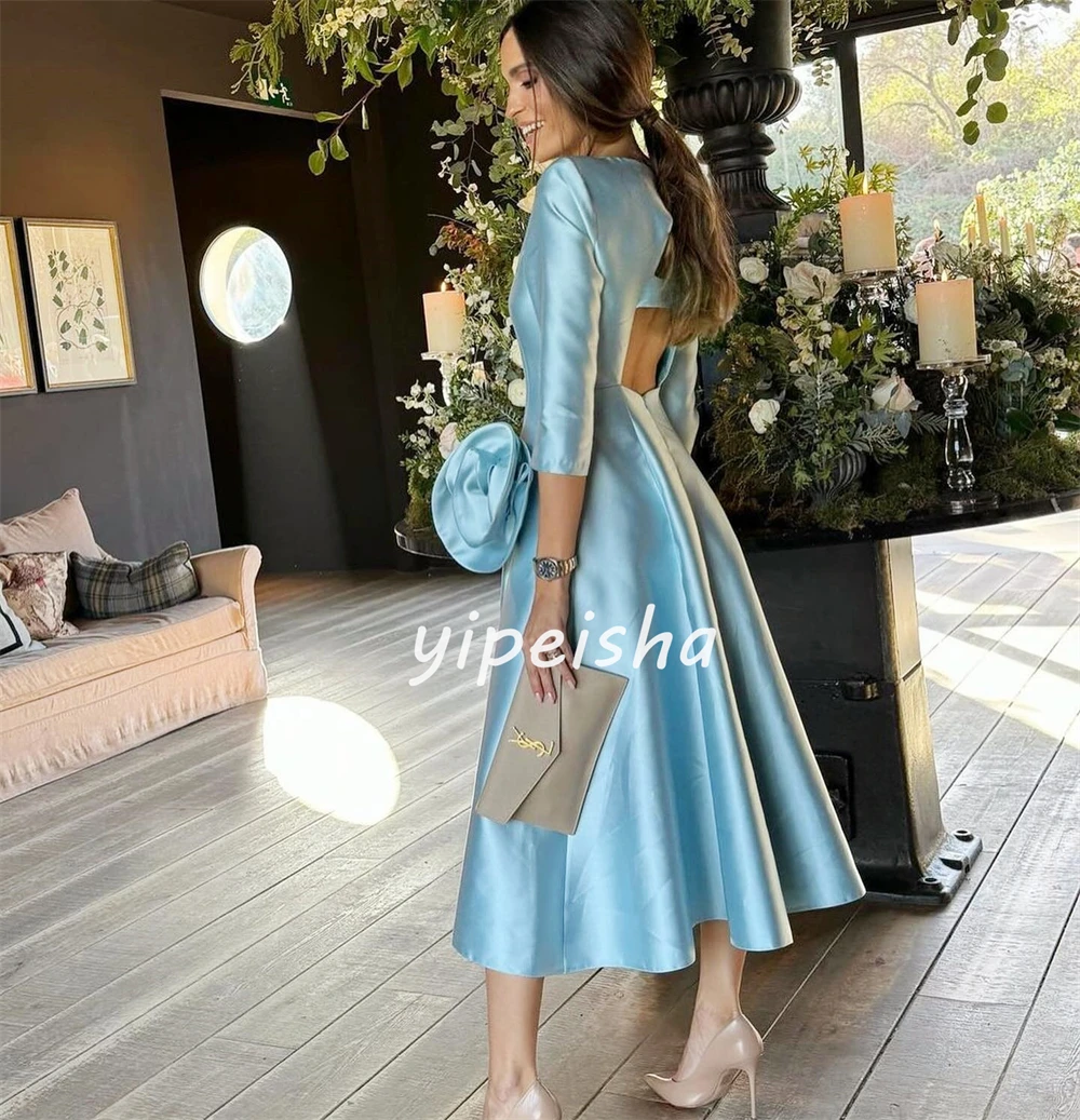 Customized Satin Ruched Graduation A-line O-Neck Bespoke Occasion Gown Midi Dresses