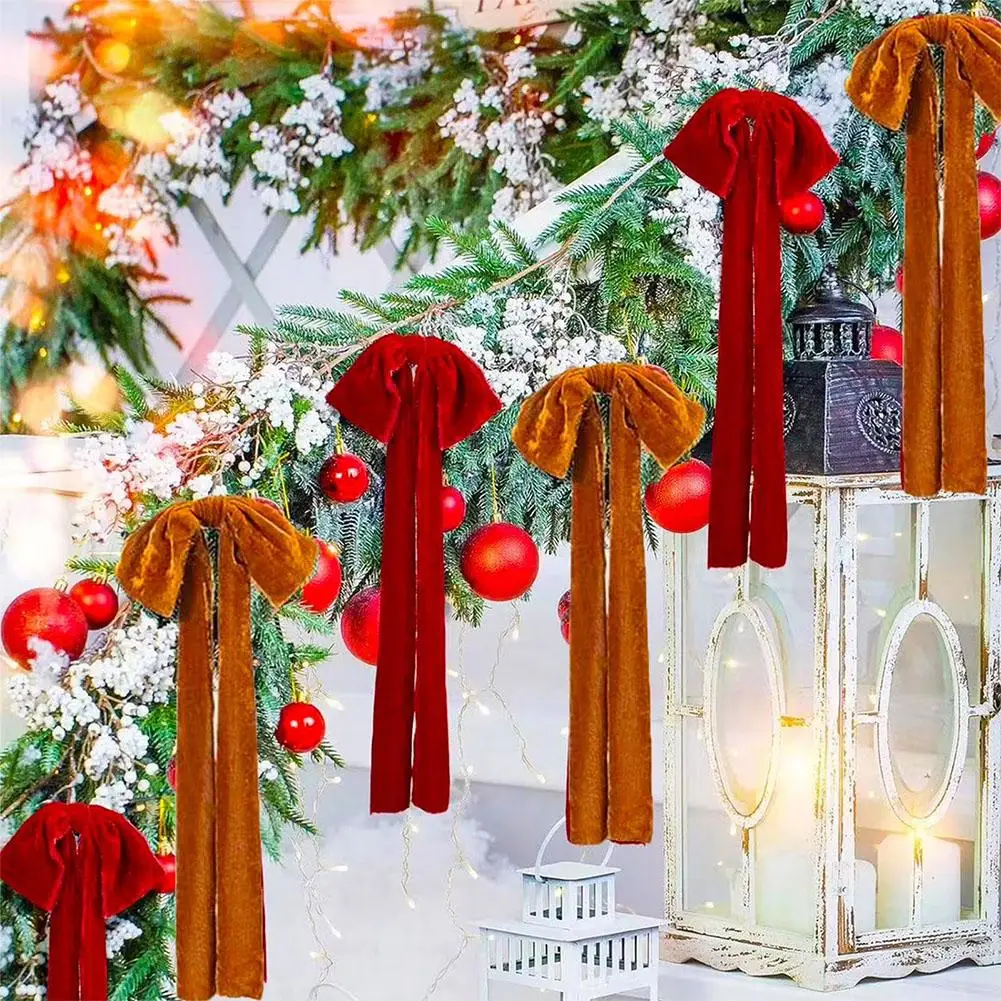 1 Pita Natal Besar Merah, Pita Beludru Sobek Tangan, Pita Natal Luar Ruangan, Lingkaran Beludru untuk Dekorasi Pintu Depan
