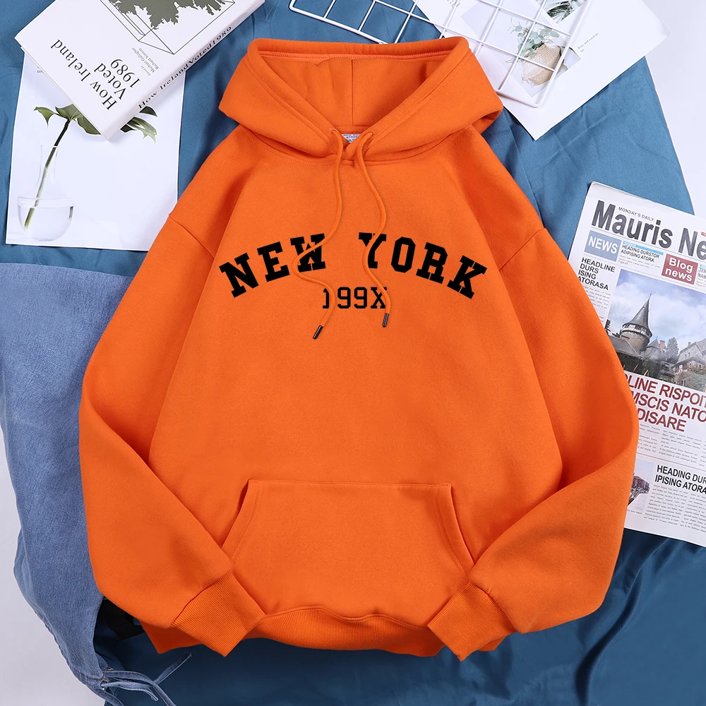 New York 199X Black Printing Women Sportwear Versatile Round Neck Hoodies Trendy Comfortable Tracksuit Personality Loose Top