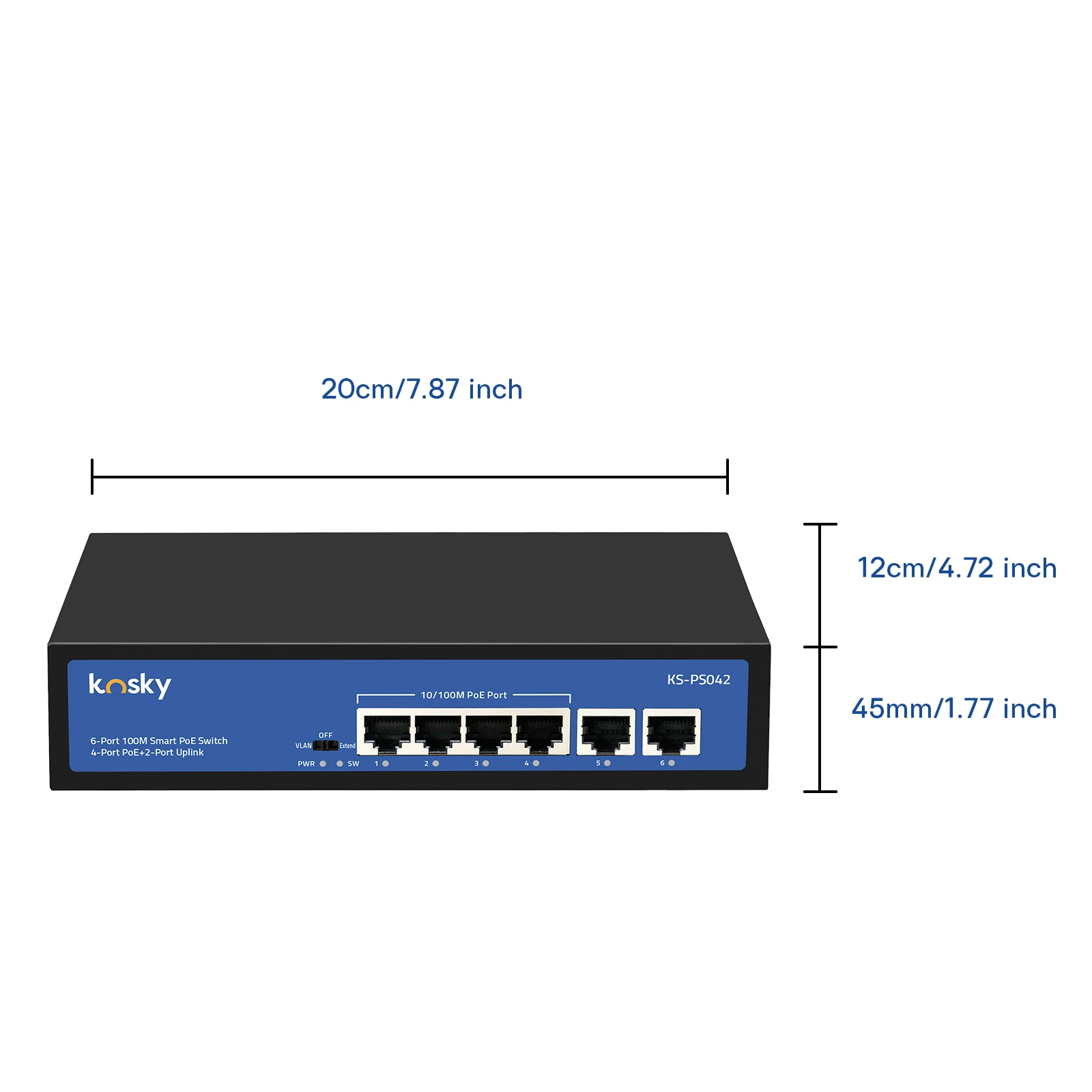 كوسكي KS-PS042 |   6 منافذ إيثرنت سريعة غير مُدارة بسرعة 10/100 ميجا بت في الثانية PoE Switch |   4 منافذ PoE+ |   التوصيل والتشغيل | تصميم معدني بدون مروحة