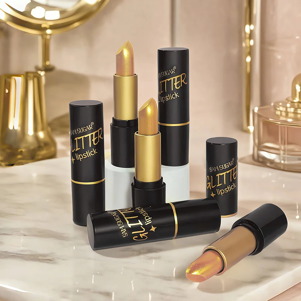 مجموعة أحمر شفاه معدني مكونة من 6 ألوان من SAM SUGAR، أحمر شفاه ماسي لامع ومرطب يدوم طويلاً ومقاوم للماء وغير لاصق