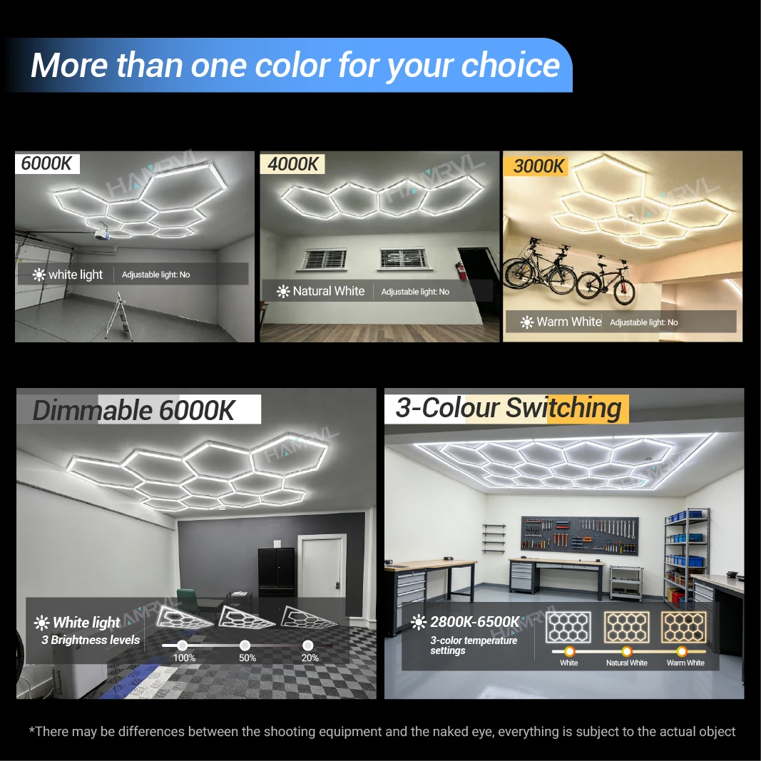 Dimmable Garage Hexagon Led Lighting 3000K4000K6000K 3 change color for Barber Workshop Office Gym Ceiling Lights Honeycomb Tube