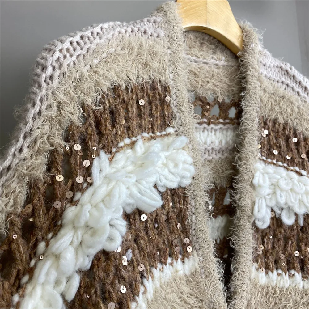 

Новый осенне-зимний вязаный кардиган из смешанной шерсти и кашемира с v-образным вырезом, расшитый блестками