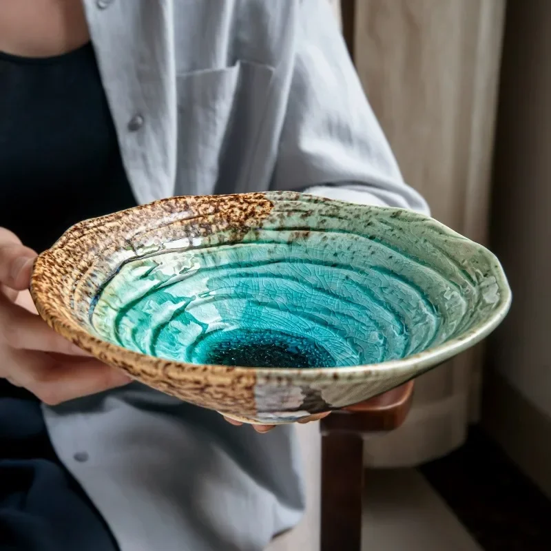 8inch Japanese beautiful ice crack 2025 new 8-inch bamboo hat bowl Blue art ceramic salad bowl noodles bowl