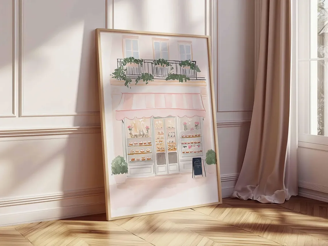Paris Bakery Poster Print, French Patisserie Wall Art, Pastel Cafe Illustration, Pink Dessert Shop Decor, Whimsical Paris Street view 6