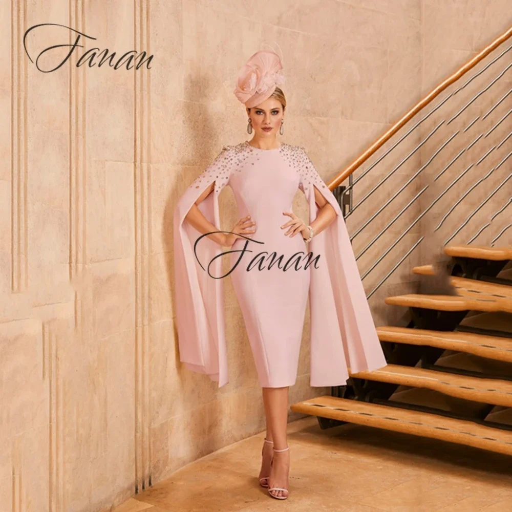 Vestidos formales personalizados con manga casquillo para madre de la novia, vestidos de longitud media con cuentas y cuello redondo, vestidos de