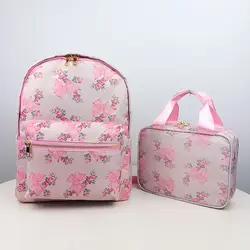 Floral Bow Print Backpack With Lunch Bag for Girl Boy Schoolbag Student Teenager Rucksack Women Casual School Bags Two-piece Set