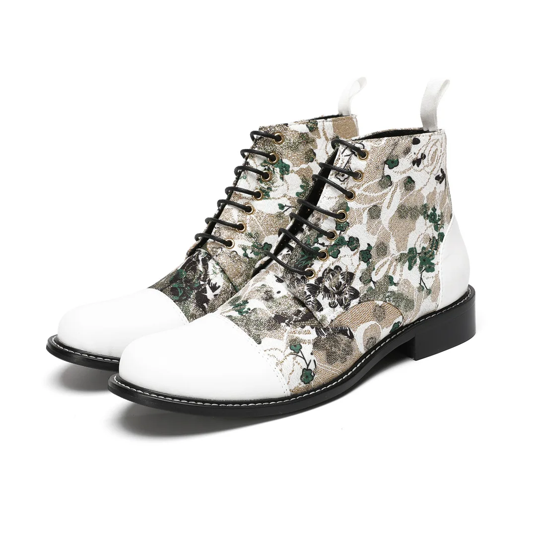 

British Style High Top Chunky Heel Lace-up Boots for Men Plants Prints Genuine leather Splicing Ankle Boots Male Chelsea Boots