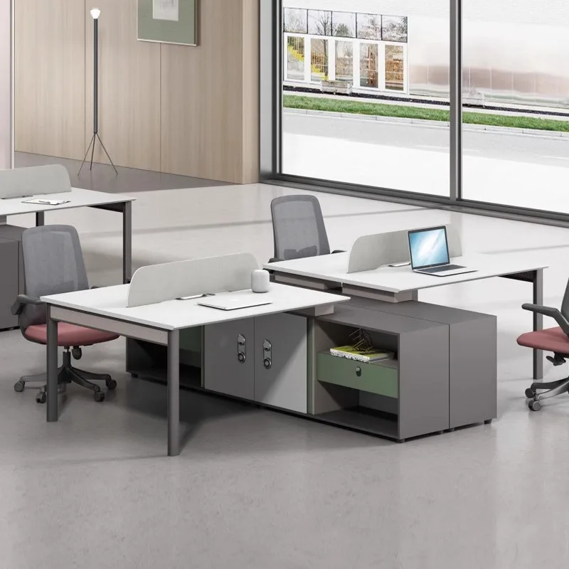 Modern 4 Person Office Workstation Set Minimalist Staff Desk With Privacy Screen And Cable Management For Corporate