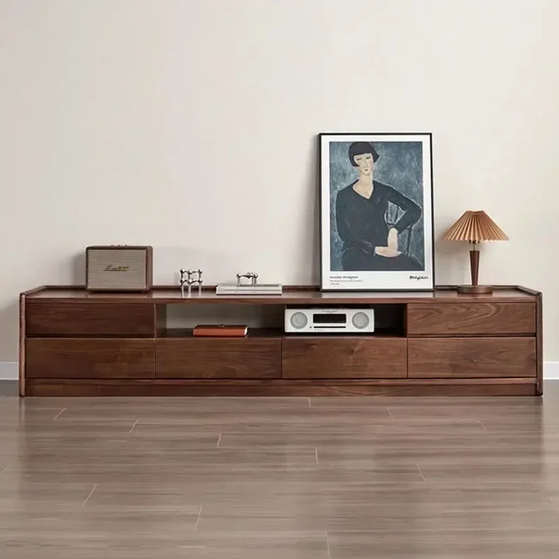 Nordic simple all solid wood black walnut TV cabinet master design living room floor cabinet combination projector audio-visual