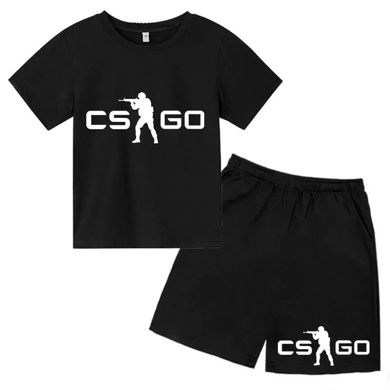 Kids Summer Shooting Game Print Casual 2Pcs Short Sleeved Tees+Shorts Sports Suits 2-13 Years Boys Girls Leisure Outfits Clothes