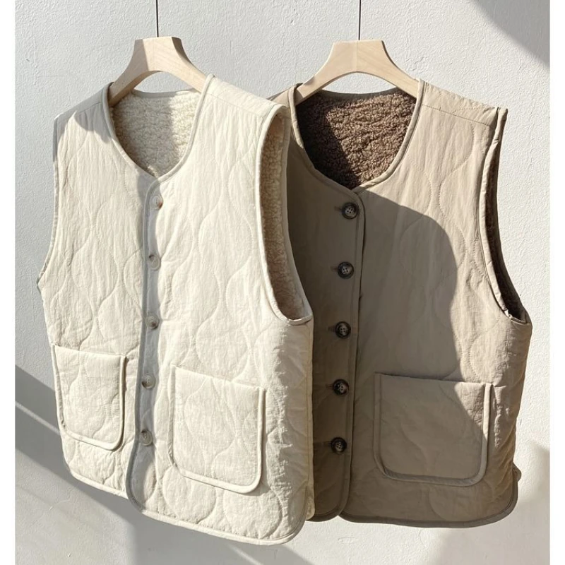 

Жилеты из искусственного меха с круглым вырезом, однобортные белые короткие плюшевые пальто, однотонная теплая толстая меховая куртка, пушистая повседневная двусторонняя одежда из искусственного ягненка