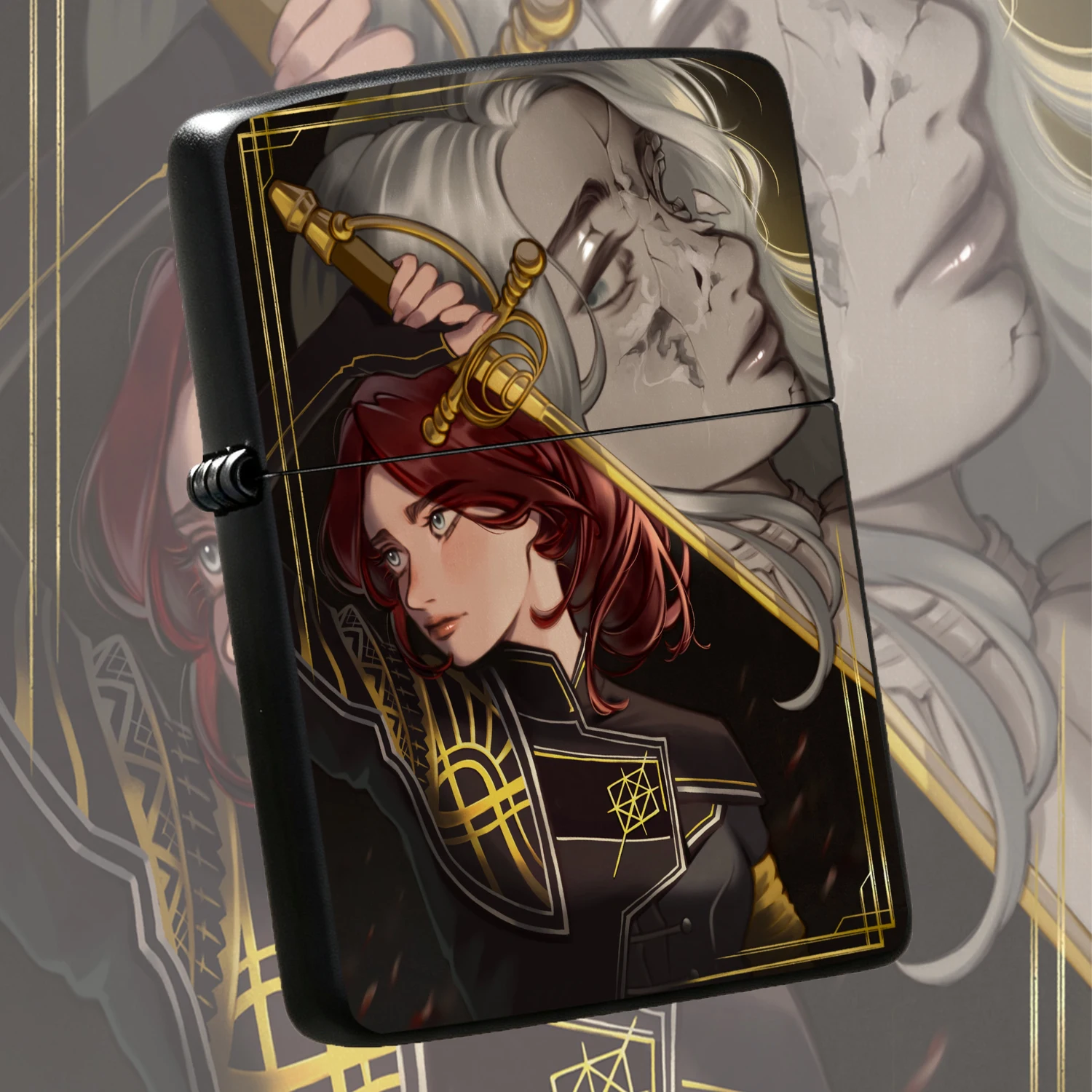 Anime Character Pattern Windproof, Exquisite Red-Haired Sword Girl vs Cracked Silver-Haired Figure Art Print , Durable Pocket Creative Collectible Gift For Anime Fans Daily Outdoor Use A fun and humorous lighter