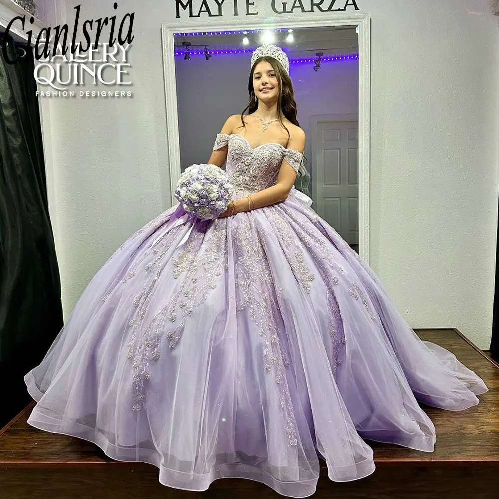 Lilac Off The Shoulder Bow Quinceanera Dresses Ball Gown Appliques Lace Beading Corset Vestidos De XV Anos